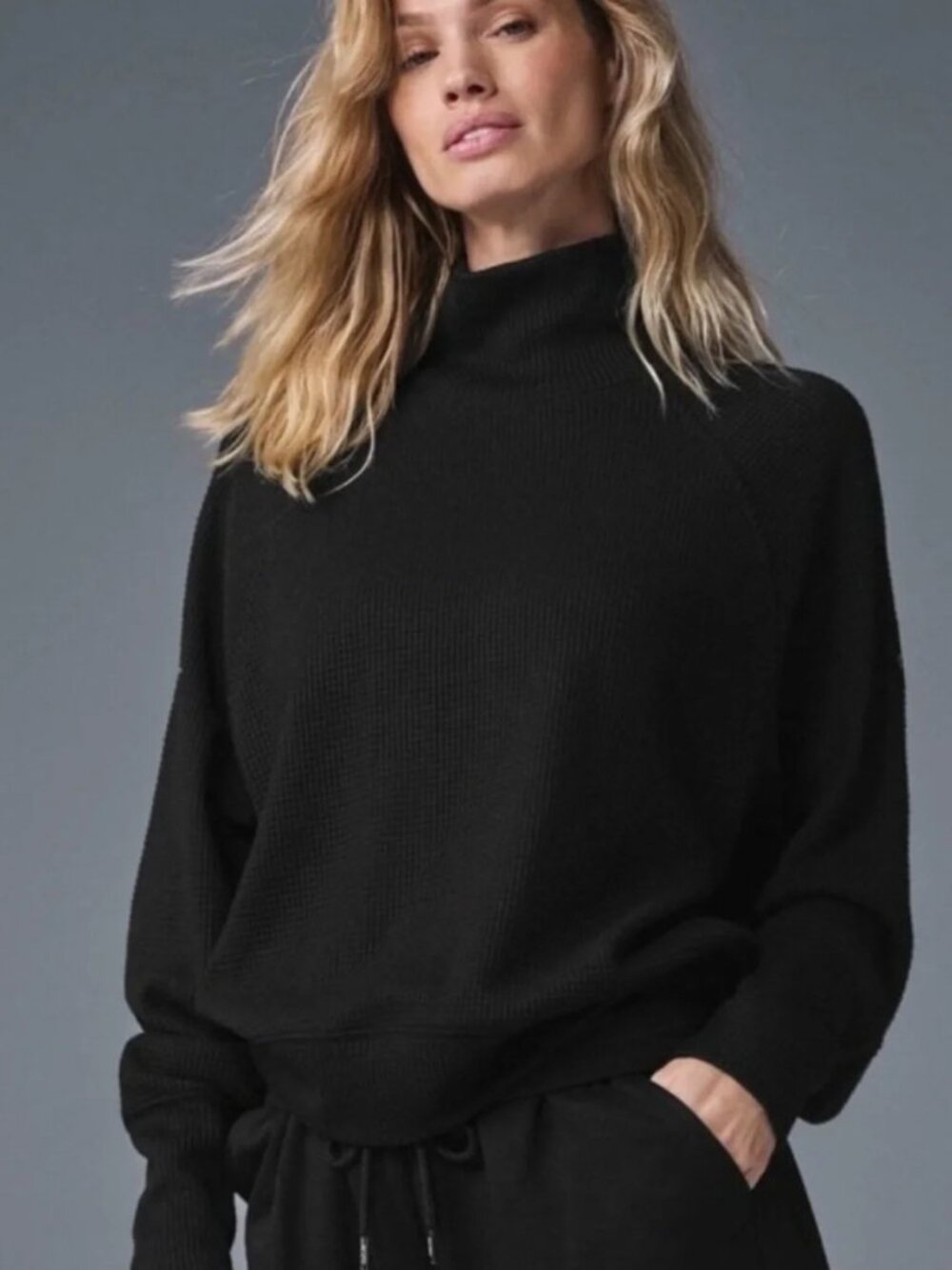 Alo Yoga Ribbed Mock Neck Pullover Sweater Black Cropped Dolman Size S